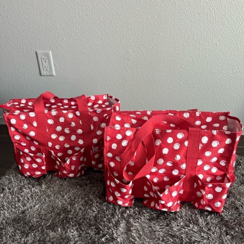 2-Thirty One Zip-Top Organizing Utility Tote Bag Red/White Swirl Dot “joy” - EUC